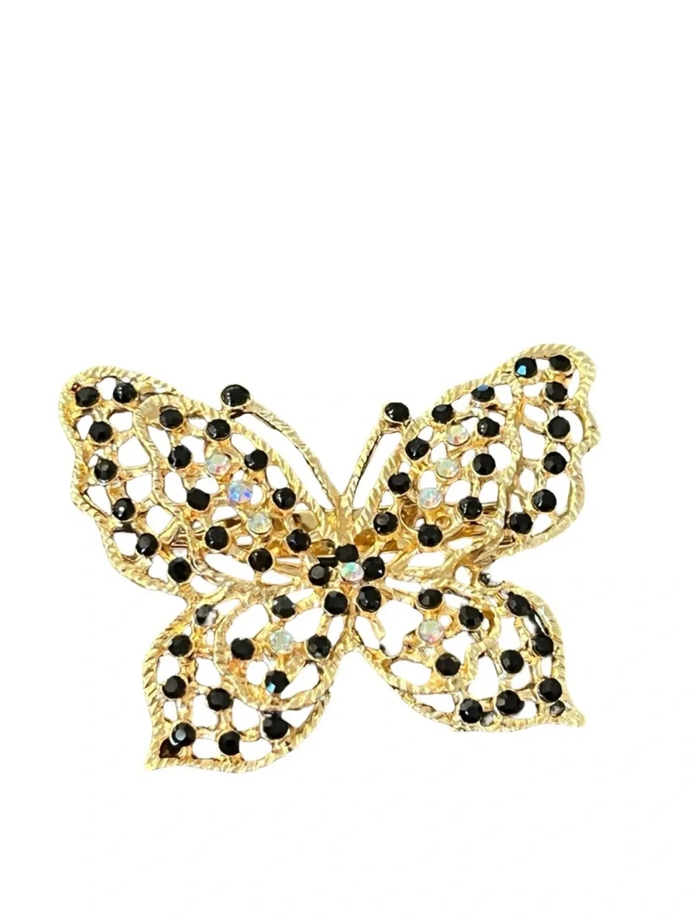 Gold Butterfly Brooch with Black and Iridescent Stones FINAL PRICE DROP